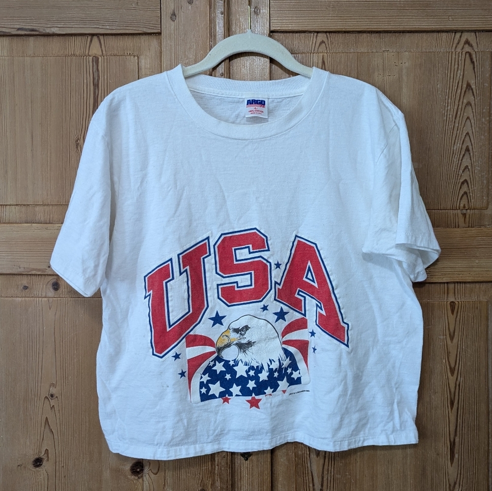 Vintage Single Stitch USA Eagle Cropped T-Shirt L Patriotic 4th July
